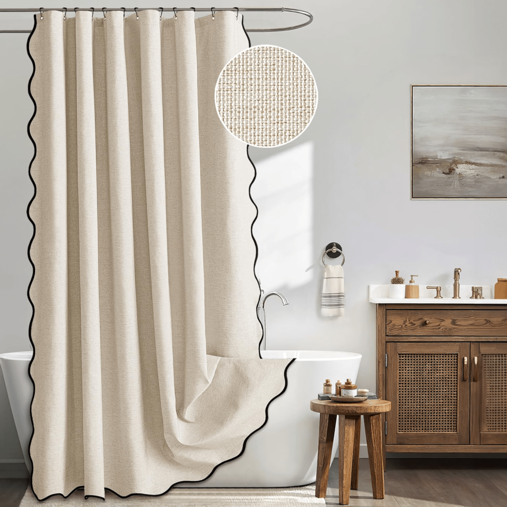 Scalloped Beige Shower Curtain with Black Trim