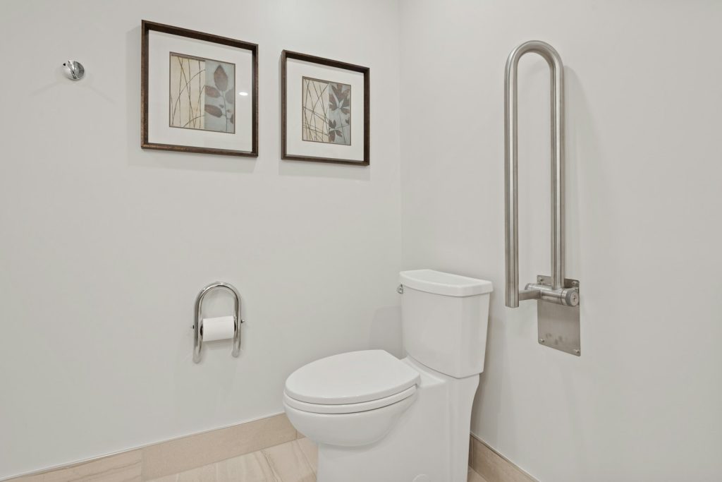 Grab bar on a bathroom wall next to the toilet